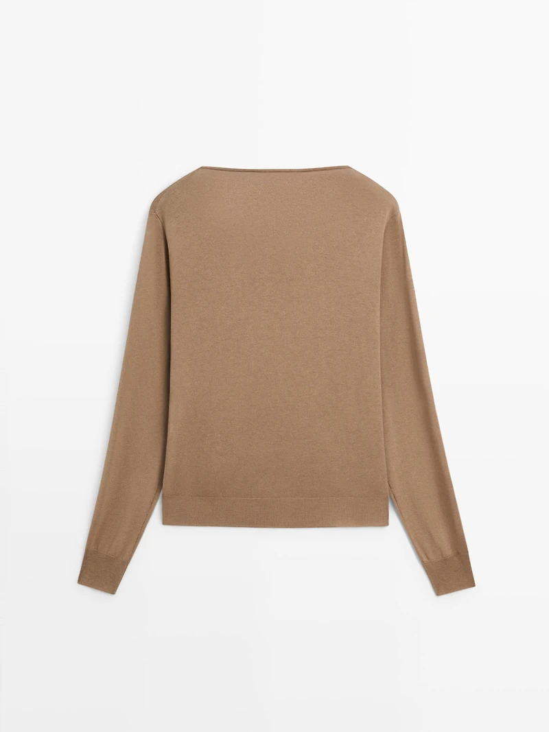 Cotton blend knit sweater with cowl neck