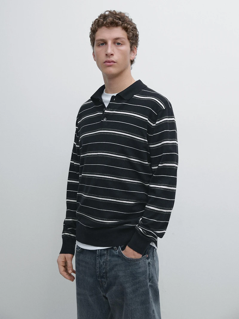 Cotton blend striped knit polo sweater