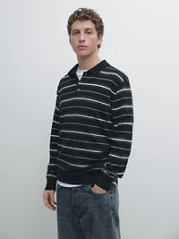 Cotton blend striped knit polo sweater