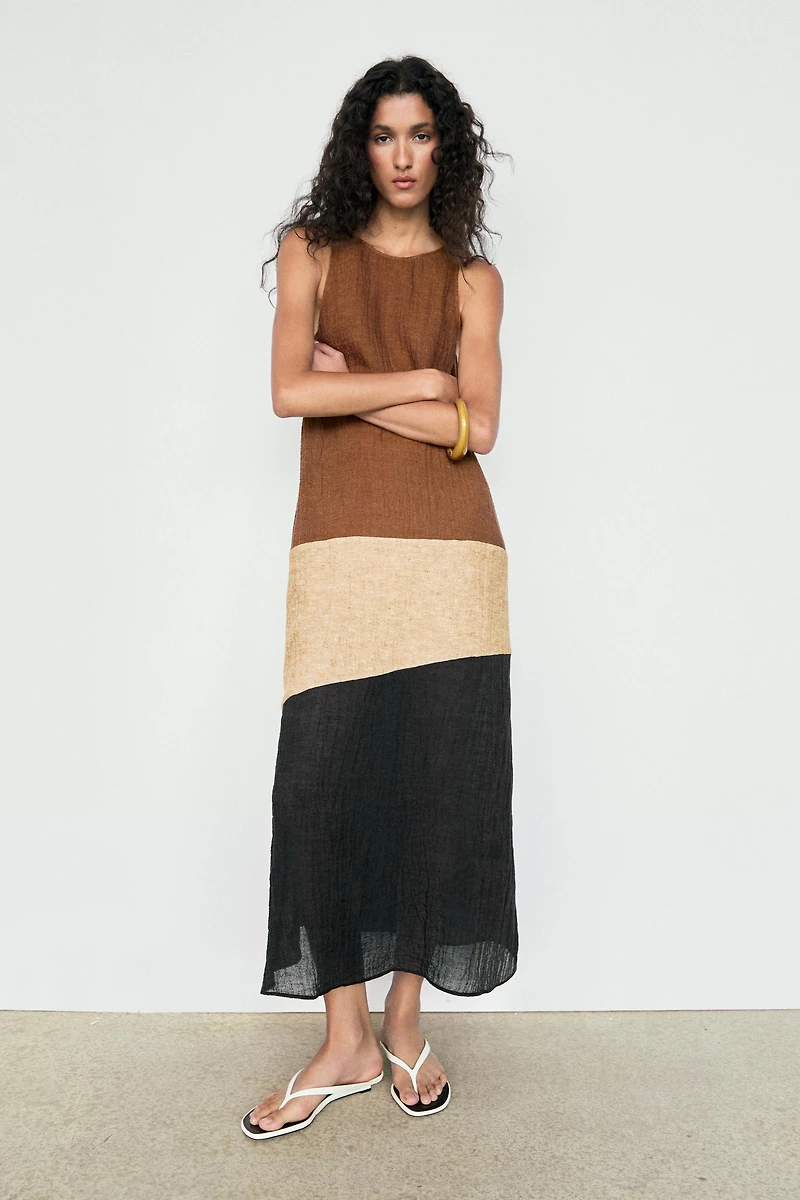 Combined linen blend midi dress