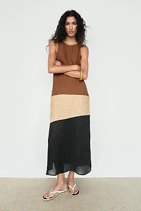 Combined linen blend midi dress