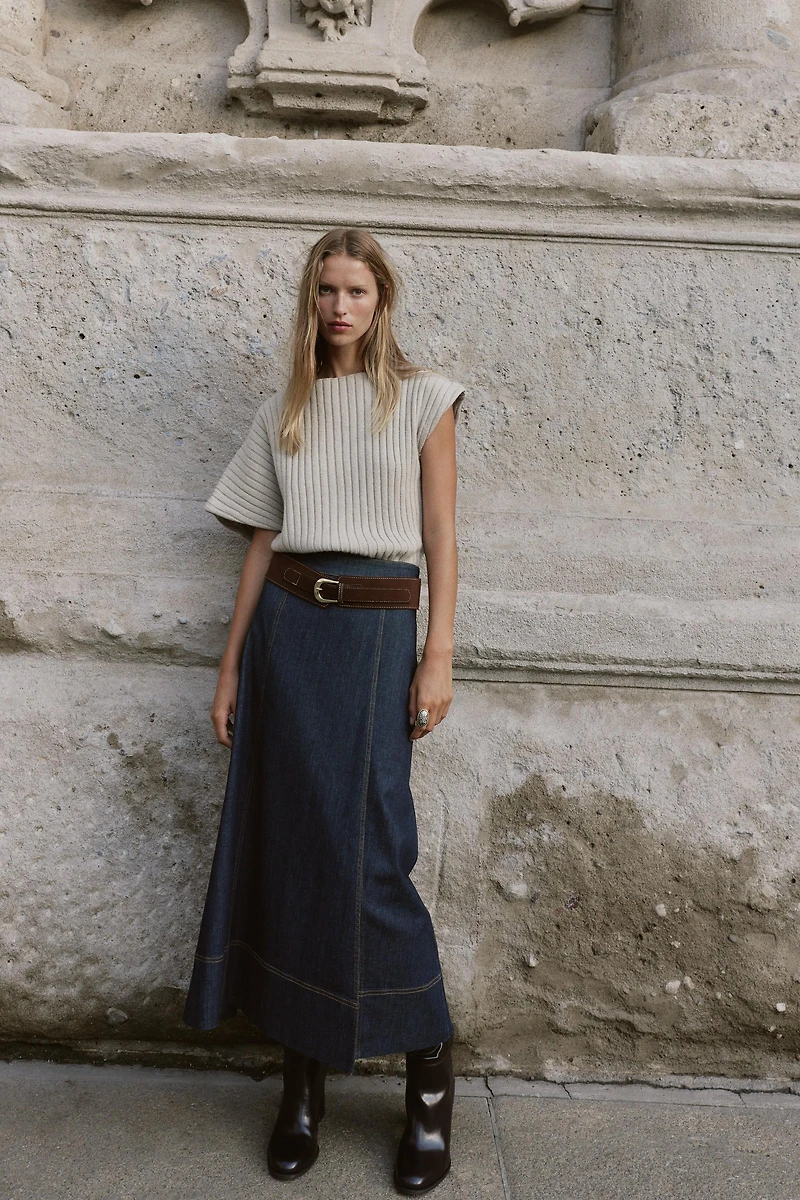 Z1975 BELTED DENIM MIDI WRAP SKIRT