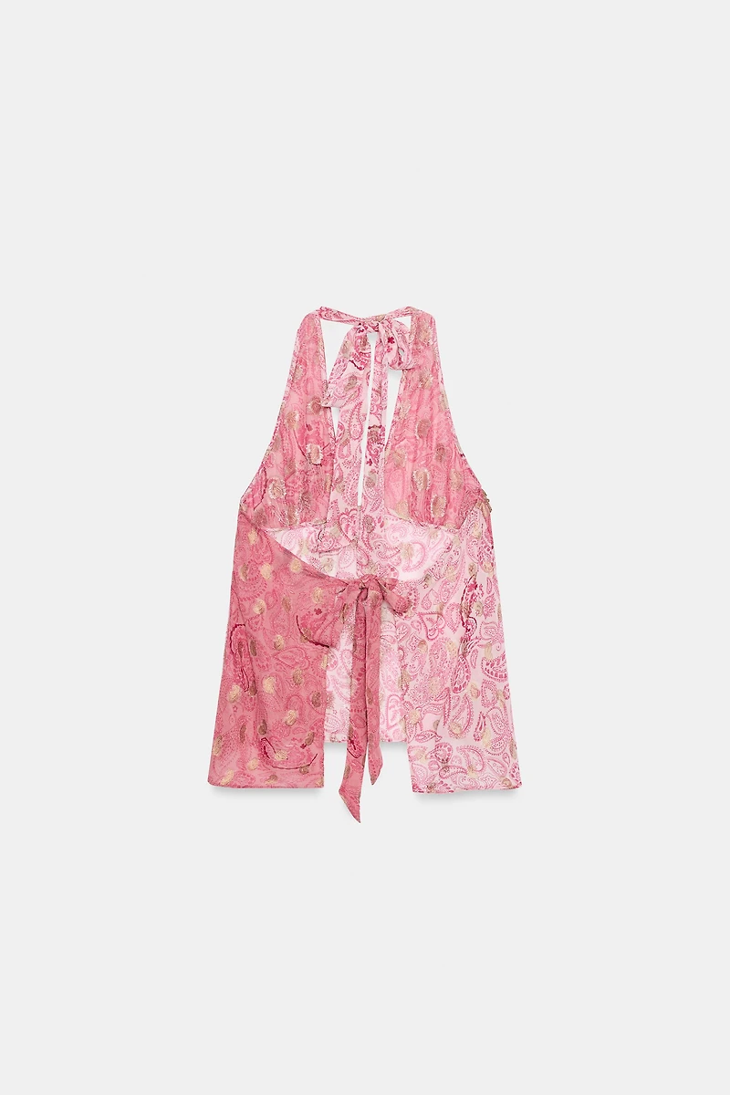 BEADED PRINTED GEORGETTE HALTER TOP