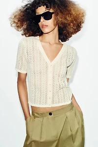 SHORT SLEEVE POINTELLE KNIT CARDIGAN