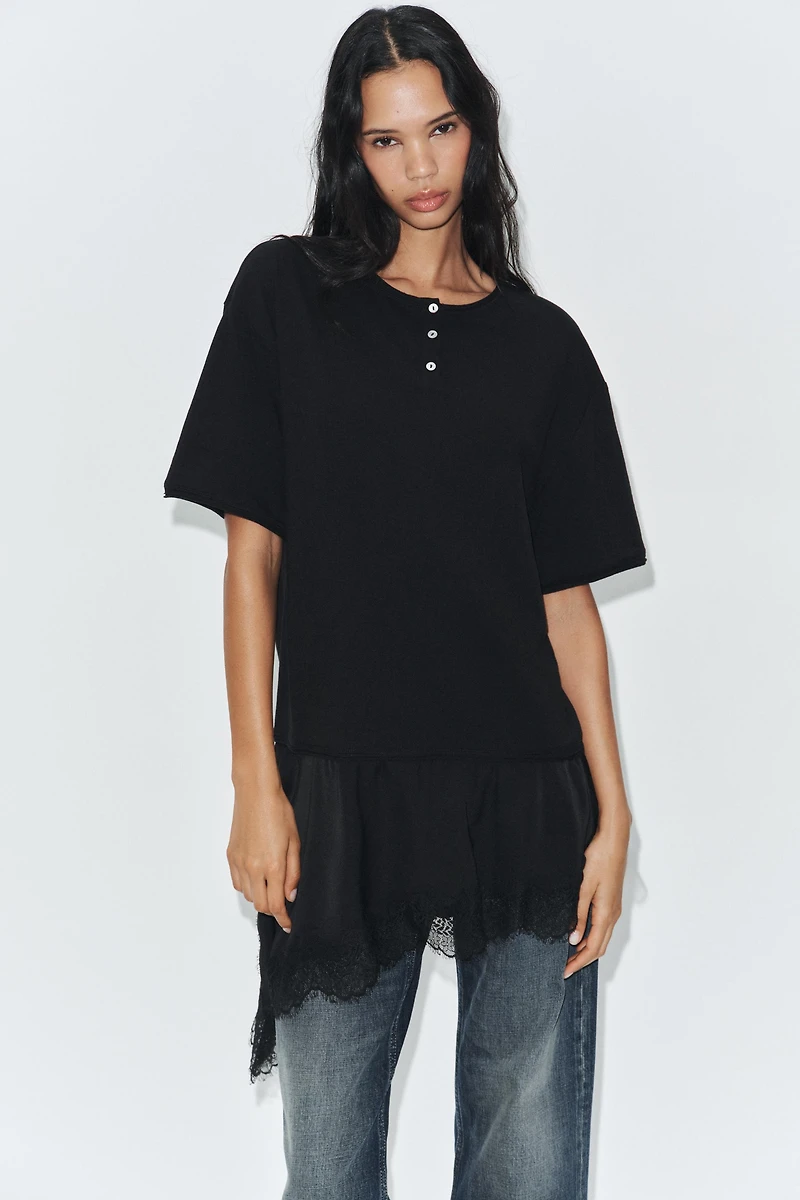 COMBINATION LACE HENLEY T-SHIRT
