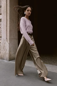 BELTED SATIN WIDE LEG PANTS