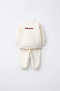 EMBROIDERED TEXT SWEATSHIRT AND PANTS SET