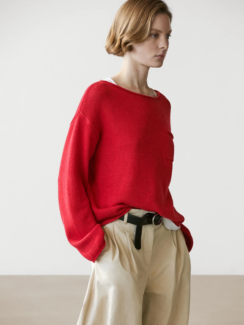 Cotton and linen knit sweater with pocket detail