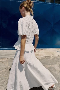 EMBROIDERED EYELET MIDI SKIRT