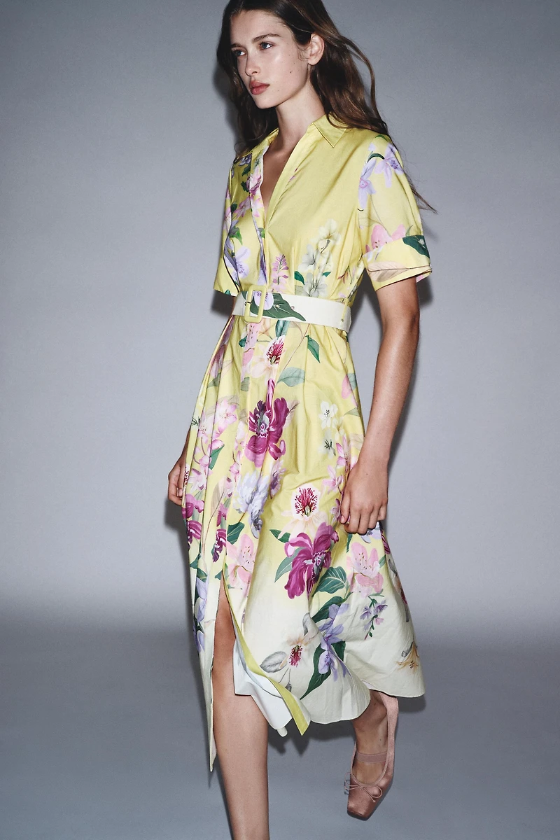 BELTED FLORAL PRINT MIDI DRESS