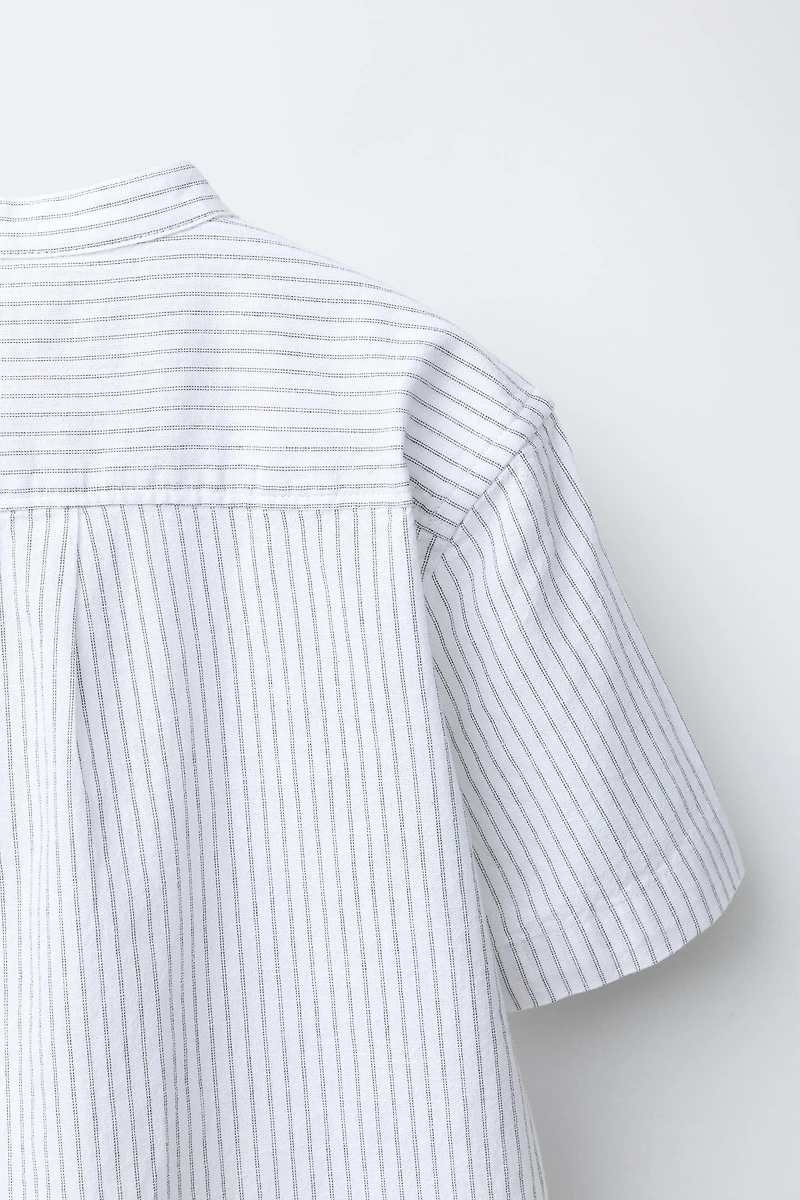 COTTON AND LINEN STRIPED MANDARIN COLLAR SHIRT
