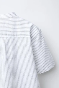 COTTON AND LINEN STRIPED MANDARIN COLLAR SHIRT