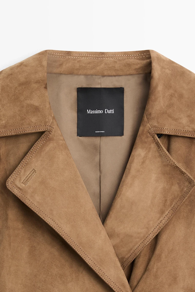 Long suede leather trench coat