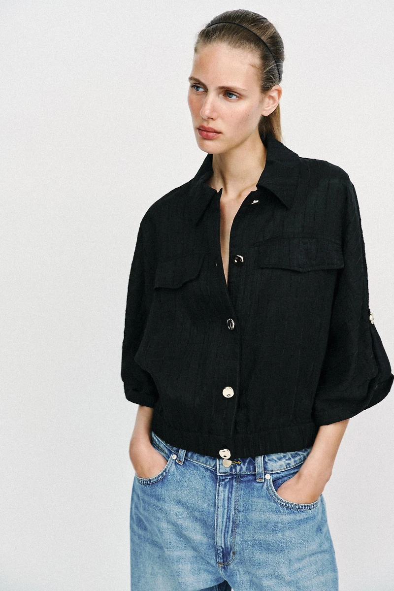 TABBED SLEEVE SAFARI BLOUSE