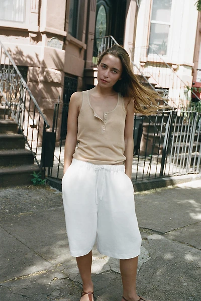 LINEN DRAWSTRING BERMUDA SHORTS
