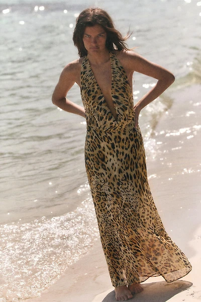 ANIMAL PRINT GEORGETTE HALTER LONG DRESS