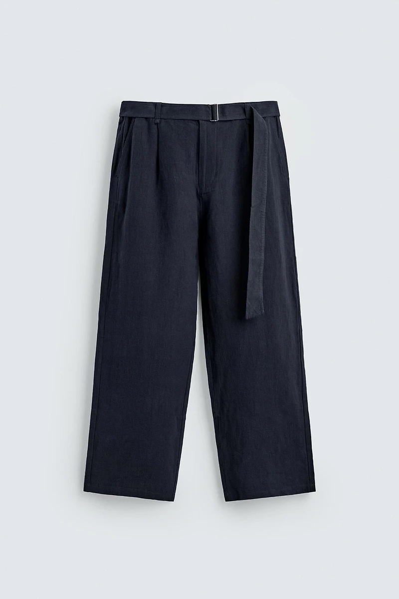RELAXED FIT 100% LINEN BELTED PANTS