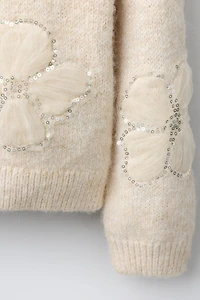 PULL EN MAILLE À FLEURS, TULLE ET PAILLETTES