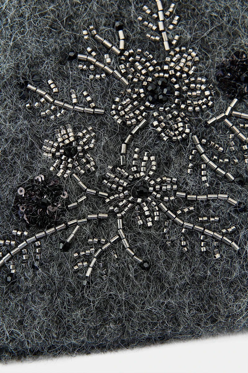 BEADED EMBROIDERED KNIT BEANIE