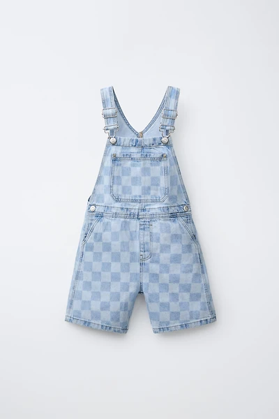 CHECKERBOARD DENIM OVERALL SHORTS