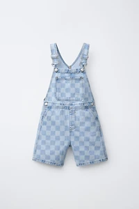 CHECKERBOARD DENIM OVERALL SHORTS