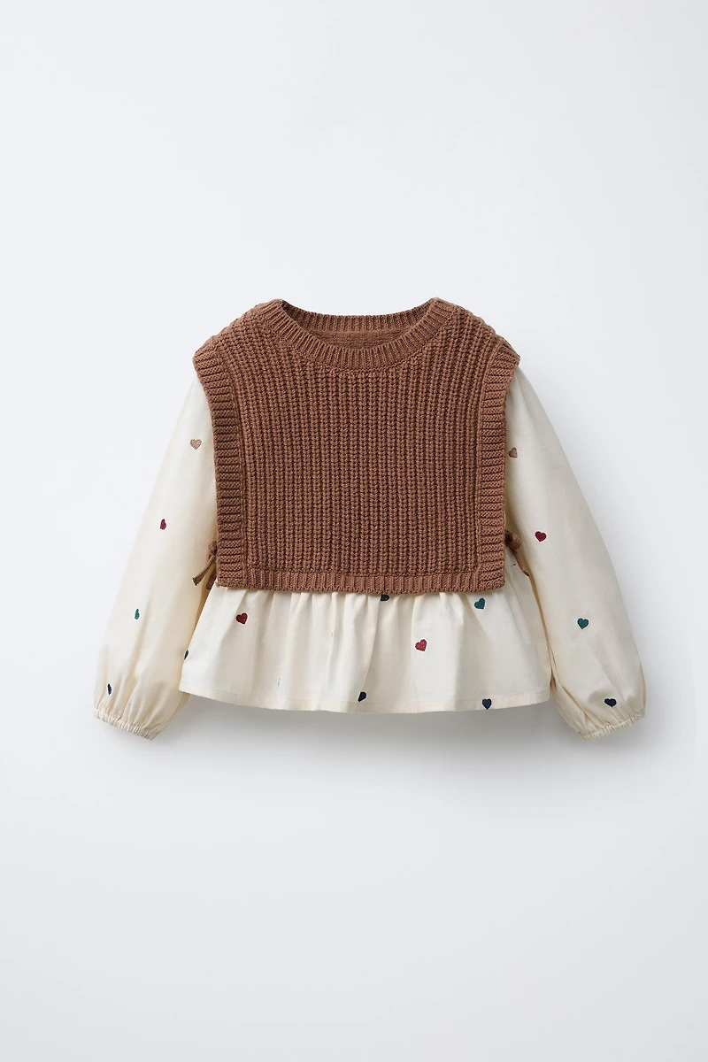 EMBROIDERED HEART SHIRT WITH KNIT VEST
