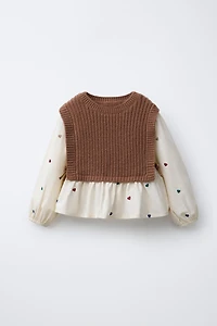 EMBROIDERED HEART SHIRT WITH KNIT VEST