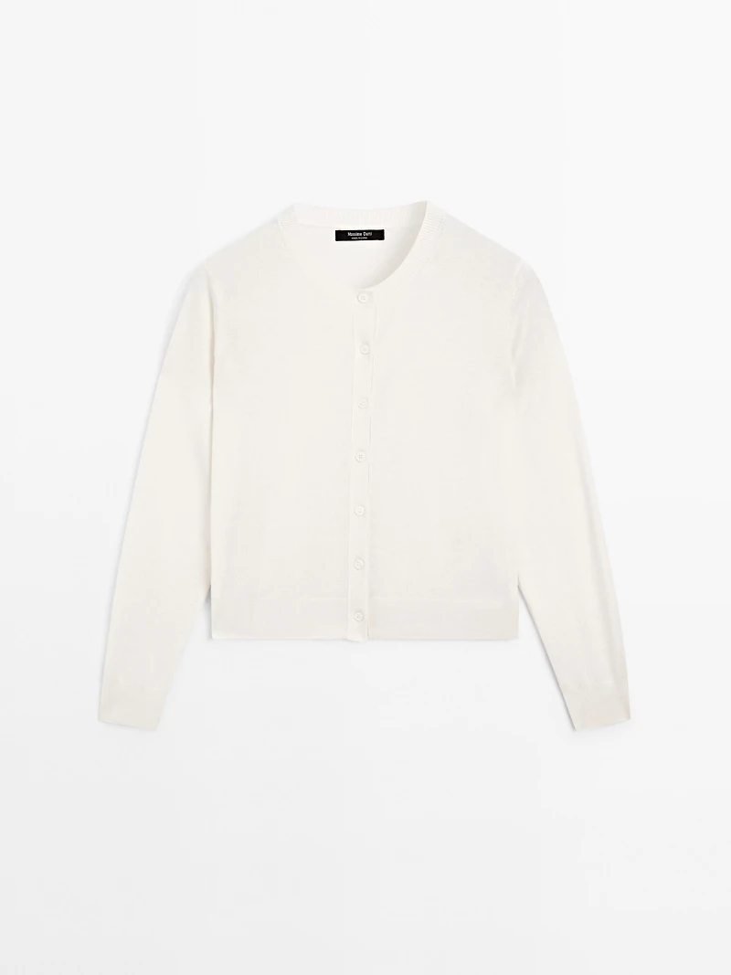 Wool blend knit cardigan with crew neck