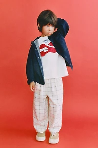 COTTON LINEN BLEND PLAID BAGGY PANTS