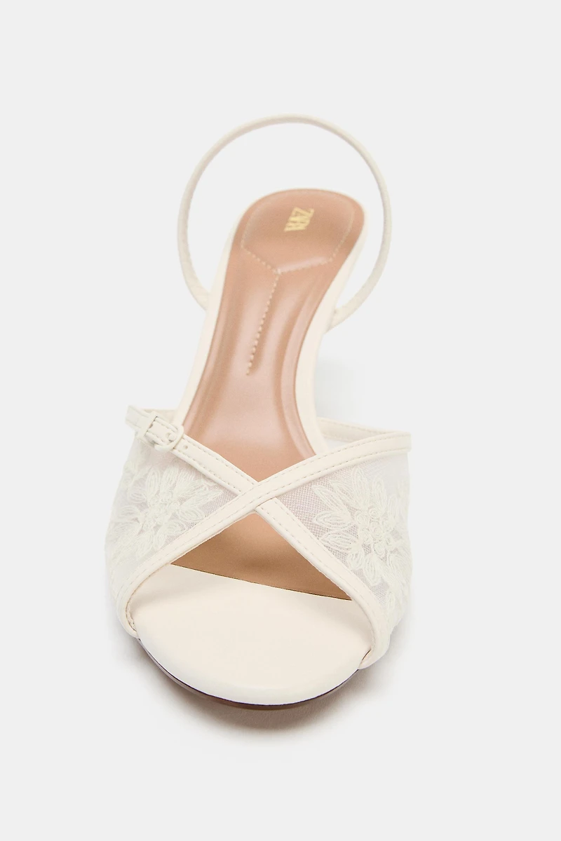 EMBROIDERED MESH HEELED SANDALS