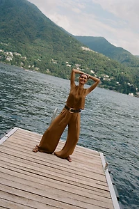 SATIN WIDE LEG BELTED PANTS