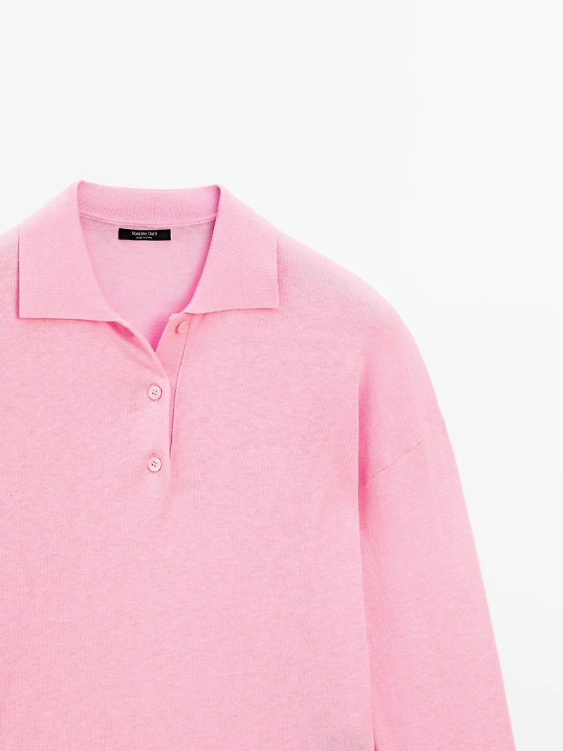 Cotton blend knit polo sweater