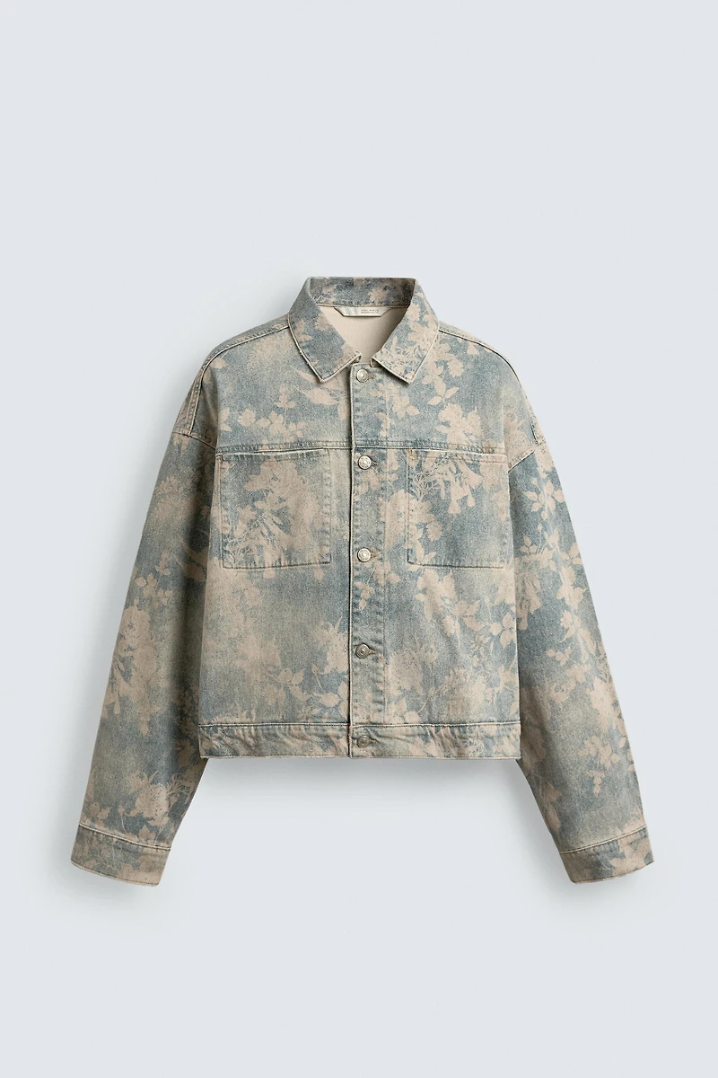 FLORAL PRINT CROPPED FIT DENIM JACKET