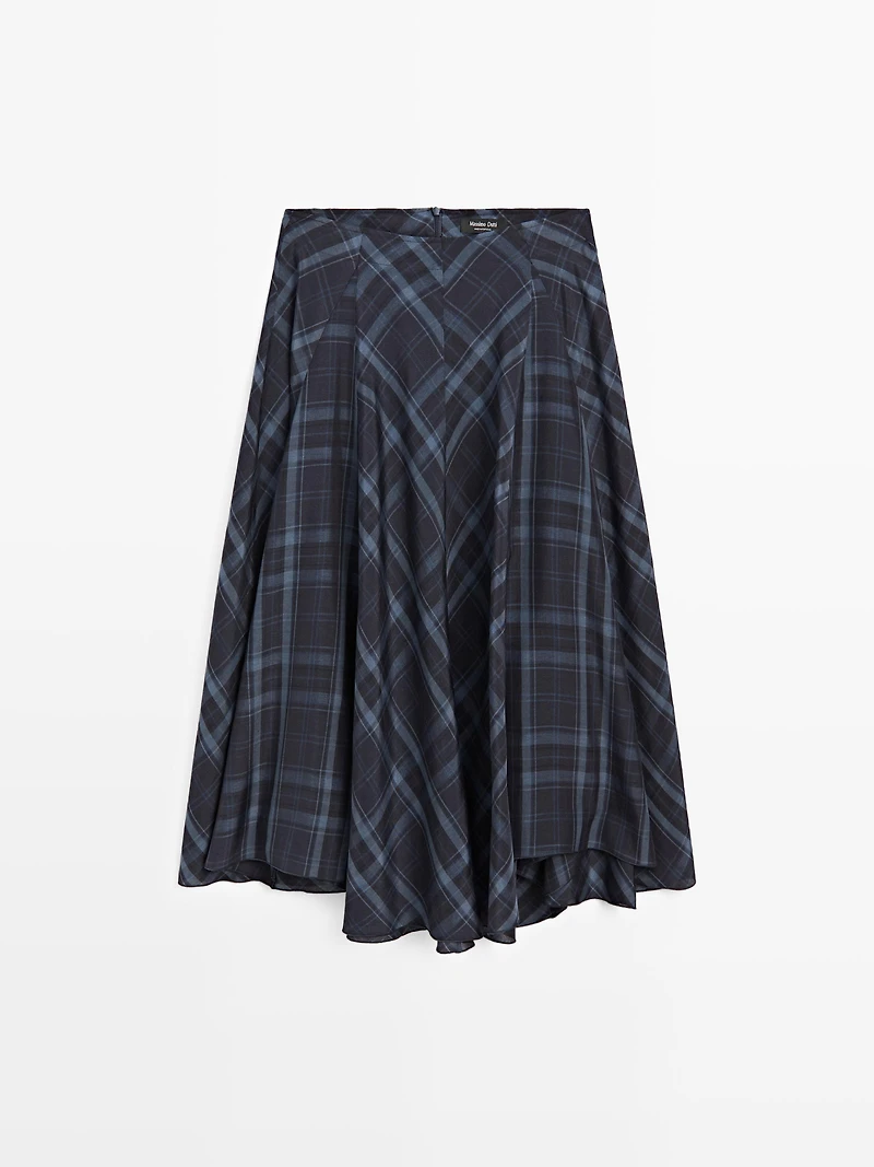 Check print flowing godet skirt