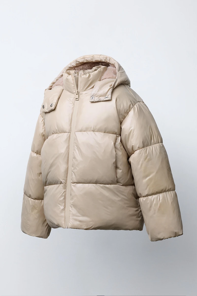 SHINY HOODED PUFFER JACKET WITH FAUX FUR LINING