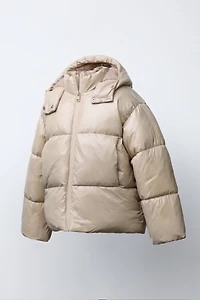 SHINY HOODED PUFFER JACKET WITH FAUX FUR LINING