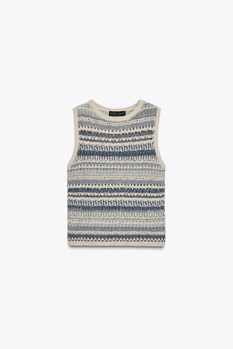 STRIPED TEXTURED KNIT SLEEVELESS TOP