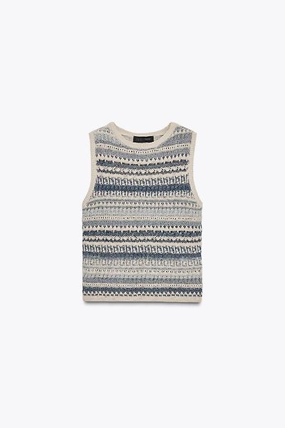 STRIPED TEXTURED KNIT SLEEVELESS TOP