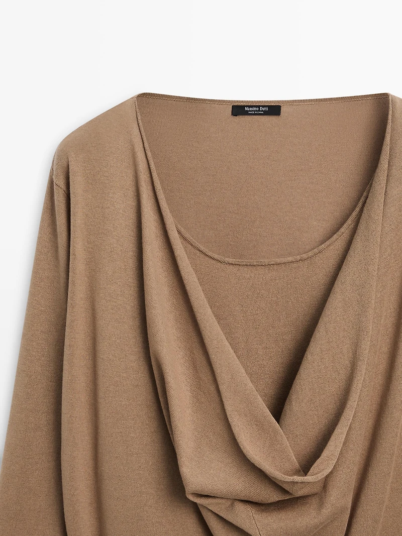 Cotton blend knit sweater with cowl neck