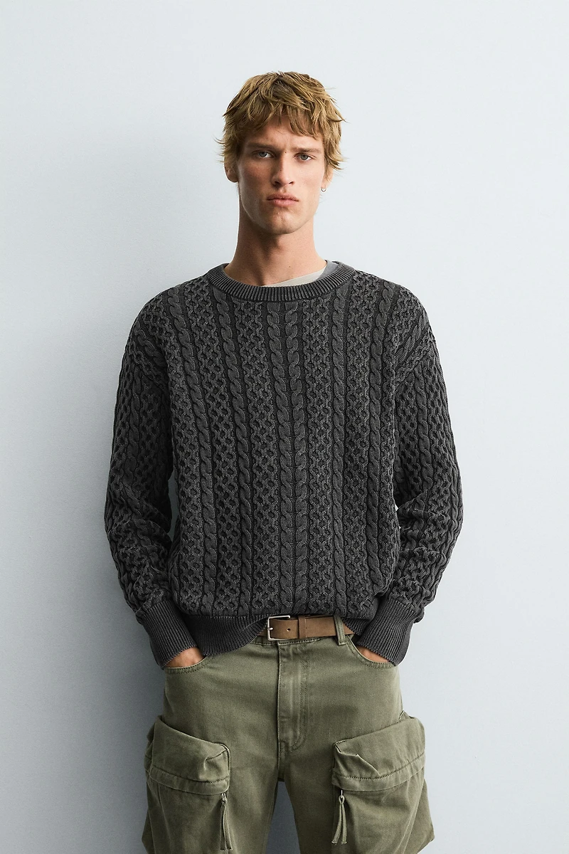 GARMENT-DYED CABLE KNIT SWEATER