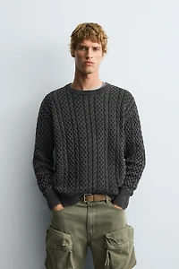 GARMENT-DYED CABLE KNIT SWEATER