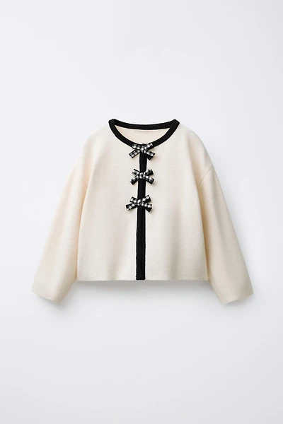 GINGHAM BOW KNIT CARDIGAN