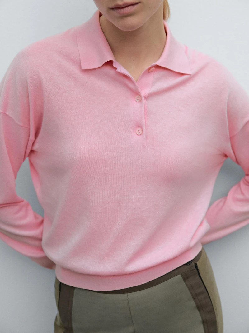 Cotton blend knit polo sweater