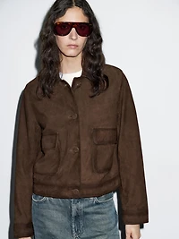 Cropped suede leather-lined jacket with buttons