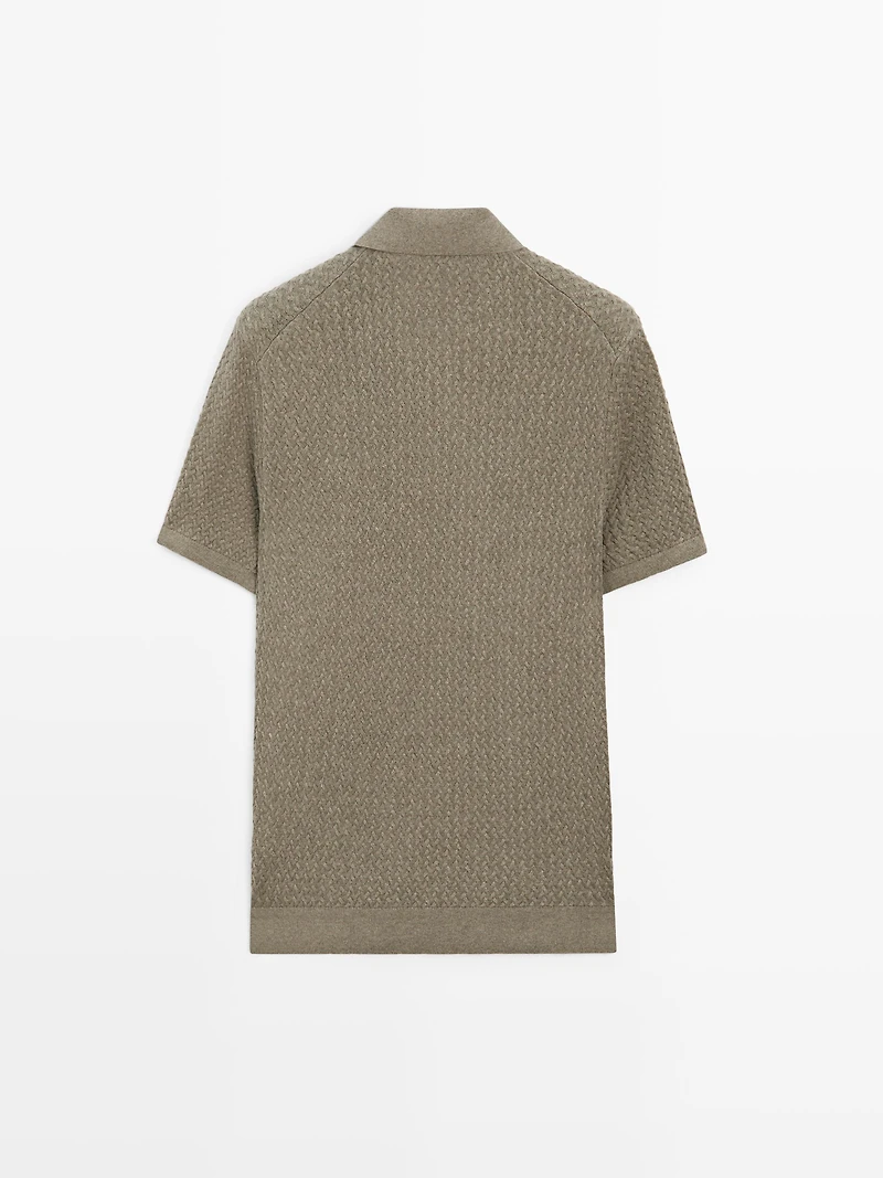 Cable-knit V-neck polo shirt