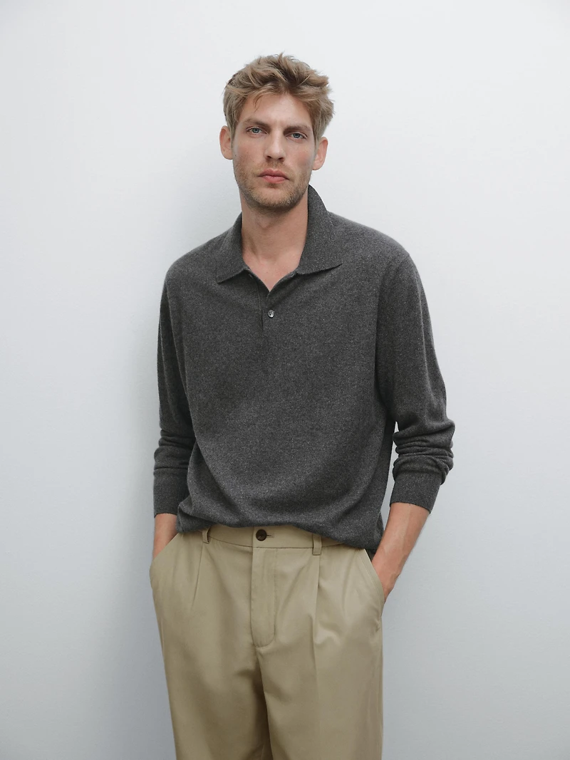 100% cashmere ribbed knit polo shirt