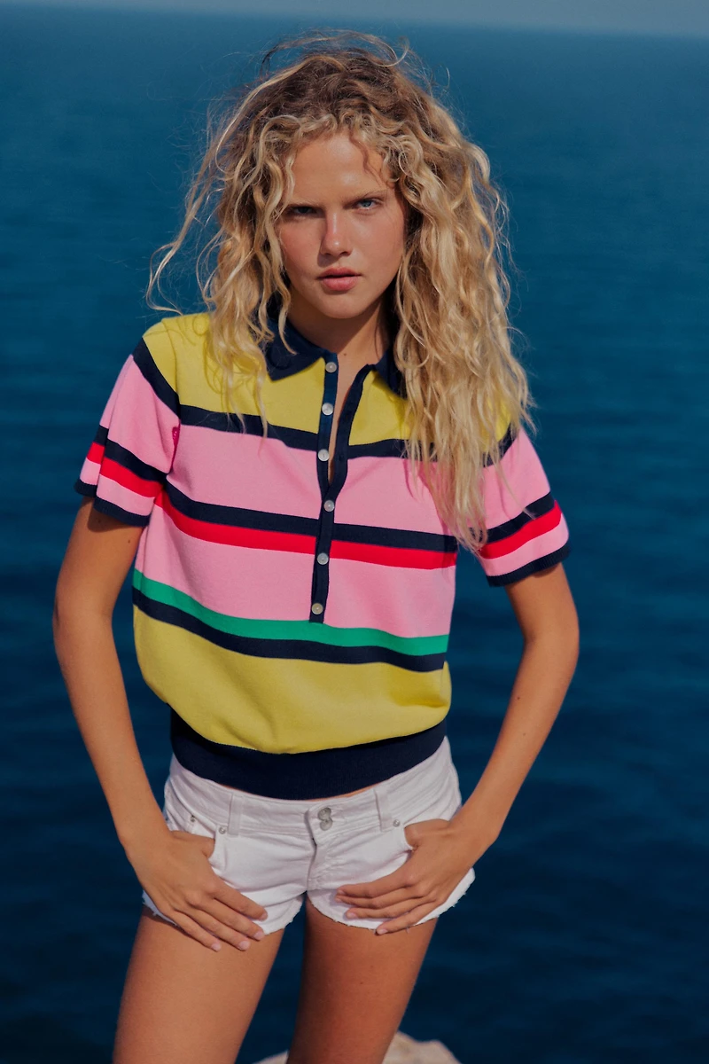 STRIPED KNIT POLO TOP