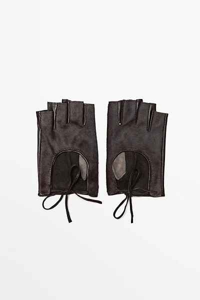 Fur-trimmed leather biker gloves