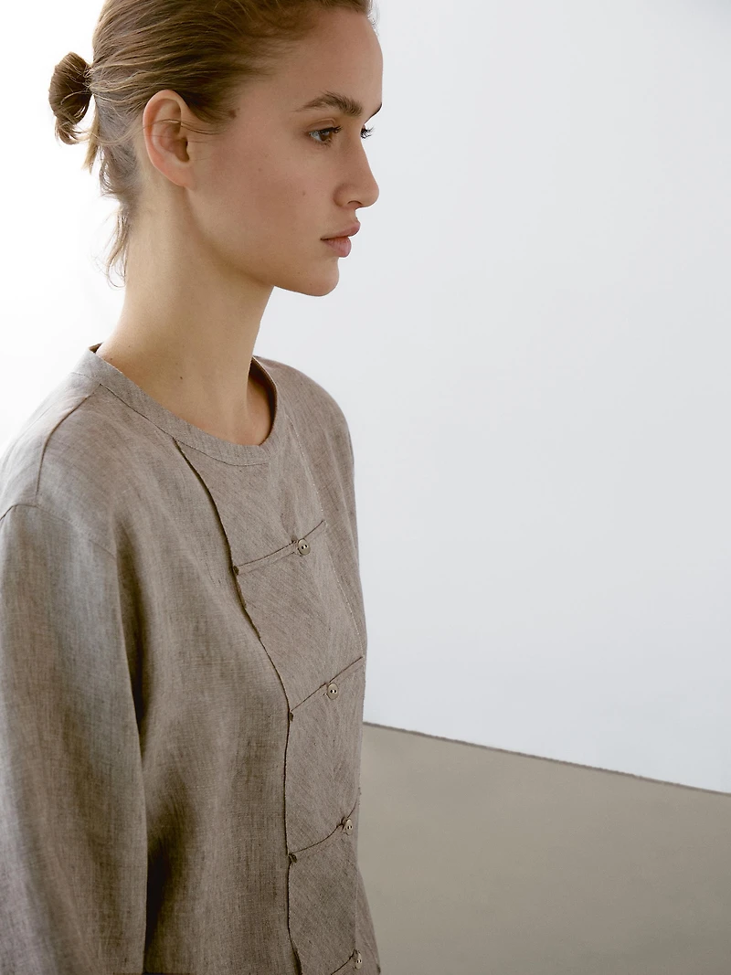 100% linen melange stand collar blouse