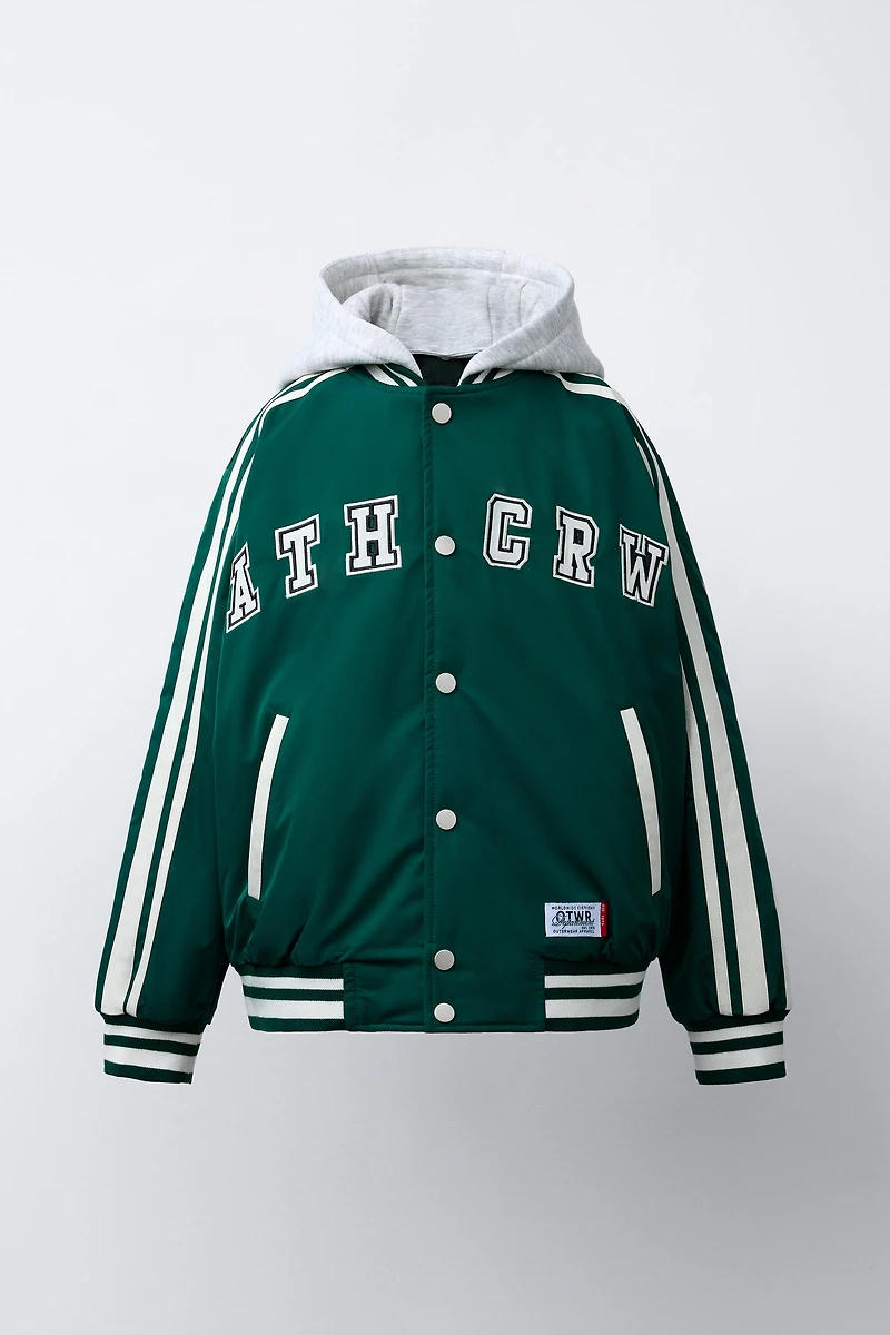 REMOVABLE HOOD VARSITY PUFFER BOMBER JACKET